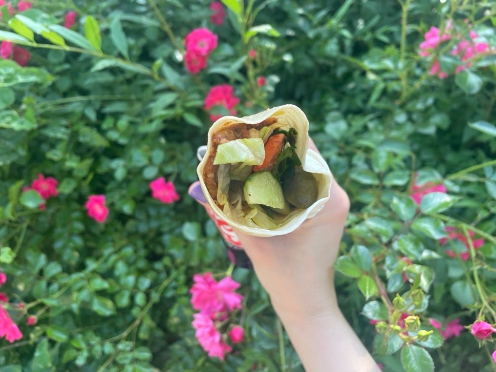 Ein Cigköfte Wrap vor einer Blumenhecke.